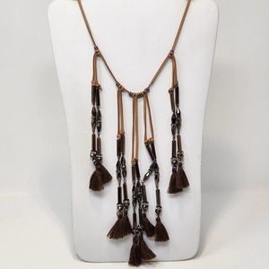 Saachi Brown Leather Fringed Tassel Necklace Collar Brown Glass Beads Boho